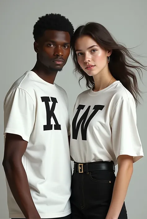 Picture of a man wearing a k shirt and a woman wearing a w shirt.