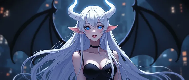 anime girl with white hair and blue eyes in a black dress, demon anime girl, mika kurai demon, anime monster girl, one blue ) and huge bat ears, anime moe artstyle, demon girl, azur lane style, monstergirl, beautiful succubus, white horns queen demon, aheg...