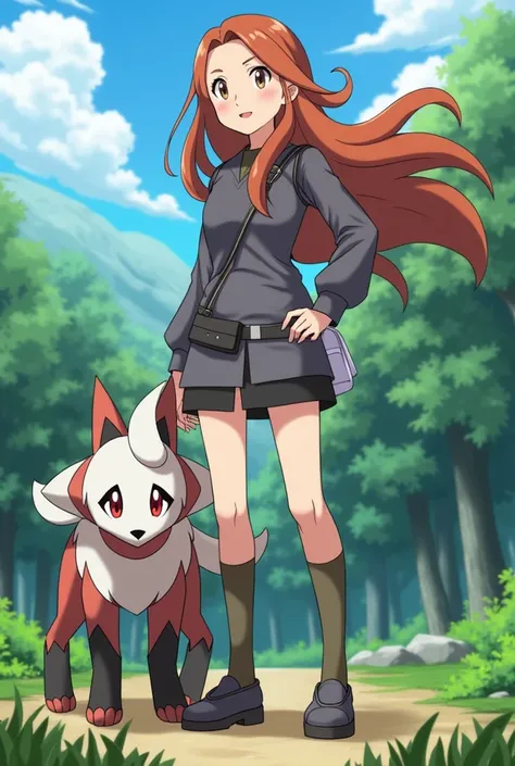 Female Pokémon Trainer, 2 copper brown hair, long, with brown eyes looking forward with an absol to one side 