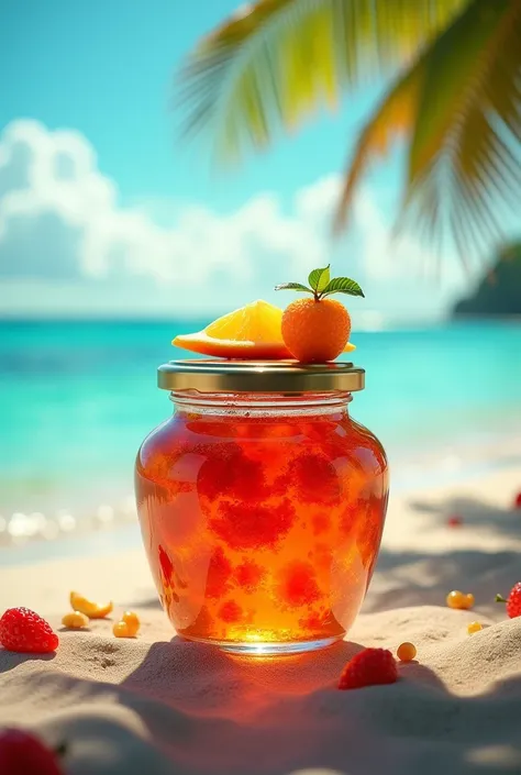 Best image quality、Highest quality、up、masterpiece、Tropical Beach、Mr.々な色に輝くガラスのjamの容器、Stent Glass、colorful、orange、jam、Gorgeous image、Surf-shaped fruit on the lid