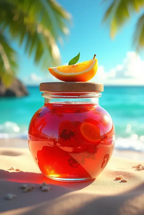 Best image quality、Highest quality、up、masterpiece、Tropical Beach、Mr.々な色に輝くガラスのjamの容器、Stent Glass、colorful、orange、jam、Gorgeous image、Surf-shaped fruit on the lid