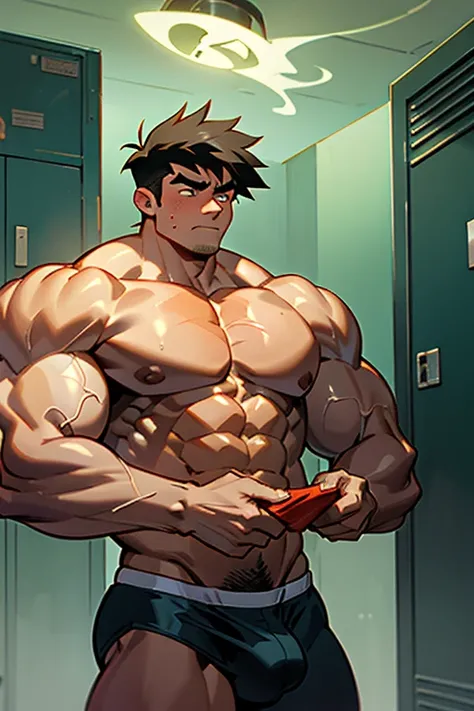 Danny Fenton from Danny Phantom animated series as a big dumb teenage muscular bodybuilder jock in a locker room flexing and staring blankly with mouth gaping open as his eyes glow under hypnosis as he repeats, "Bigger... Dumber.... Must obey.... More like...