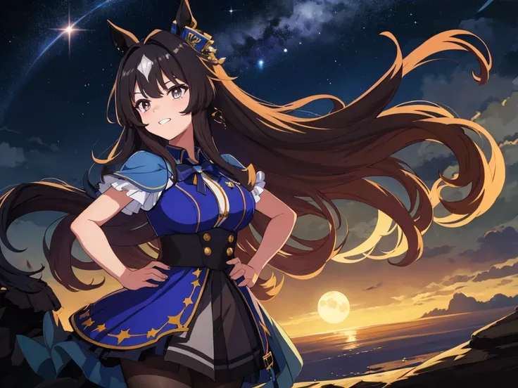 masterpiece、Highest Resolution、Highest quality、Highest quality、Strong winds、Chest is center right、Dynamic Camera Angles、Key Visual、solo。Horse ears girl。Blue Dress、Blue shoulderless dress。brown shorts、Brown pantyhose。Large light blue cloak。Moonlit night sta...