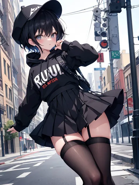 anime, Highest quality, masterpiece, High resolution, stylish, Dynamic Angle, Cowgirl Shot, cute ,One person, short hair, Black Hair, hoodie, Mob Cap, Runaway girl, street, Grab the skirt, Thigh-high stockings, garter belt , Pleated skirt, Ultra mini skirt