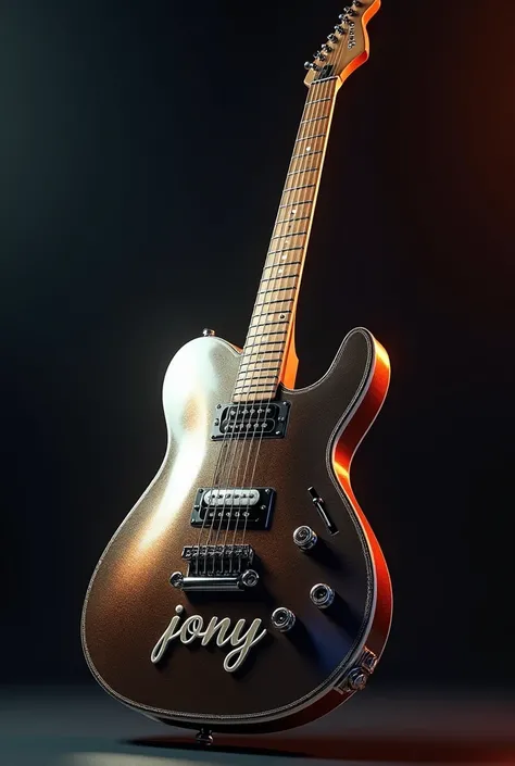 a highly detailed, hyperrealistic electric guitar, metallic finish, gleaming, engraved with the name "Jony", dramatic lighting, photorealistic, 8k, best quality, masterpiece, studio lighting, physically-based rendering, extreme detail description, vivid co...