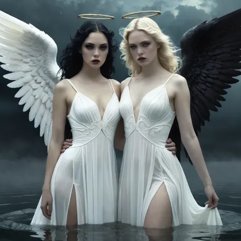 two women in white dresses standing next to each other in water, beautiful gemini good and evil, eros and thanatos, 2 angels, angels, angel versus devil, darius zawadzki and tom bagshaw, artstyle tom bagshaw, villainess has black angel wings, angels and de...