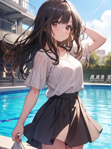 Girl, cute, adorable, smiling, straight hair, long hair, black hair, brown eyes, standing, Swayback stance, looking at the camera, From the front, from thighs to head, pool, daylight,Skirt-style-bikini