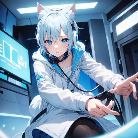 Light blue eyes　Light blue hair inside white hair　Short hair　Playing a game　The jacket is light blue and white　Fifteen years old　The headphones are cat ear shaped and are light blue and white.