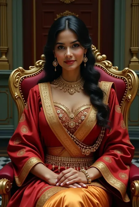 6 ft massive breasted average beautiful sri lanakan wealthy age 25 girl in maharani dress. Wearing Academic regalia.well educated.sit in chair with big breasts, big butt,slim stomach.