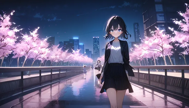 masterpiece, high quality, 16k resolution, detailed, beautiful anime girl, large breasts, slender waist, pale skin, black hair, fine hair, simple clothing, white T-shirt, no accessories, (looking away:1.4), (walking in neon-lit night city), spring season, ...