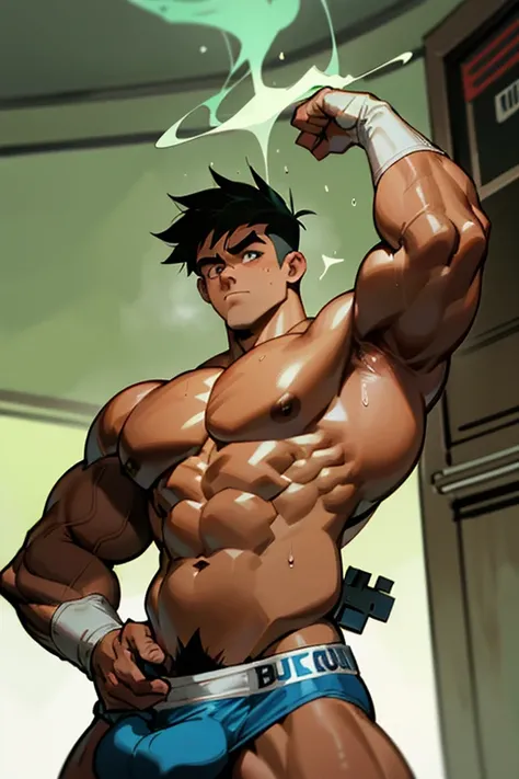 Danny Fenton from Danny Phantom animated series as a big dumb teenage muscular bodybuilder jock in a locker room flexing and staring blankly with mouth gaping open as his eyes glow under hypnosis as he repeats, "Bigger... Dumber.... Must obey.... More like...