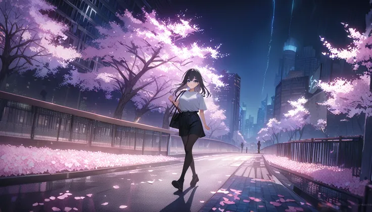 masterpiece, high quality, 16k resolution, detailed, beautiful anime girl, large breasts, slender waist, pale skin, black hair, fine hair, simple clothing, white T-shirt, no accessories, (looking away:1.4), (walking in neon-lit night city), spring season, ...