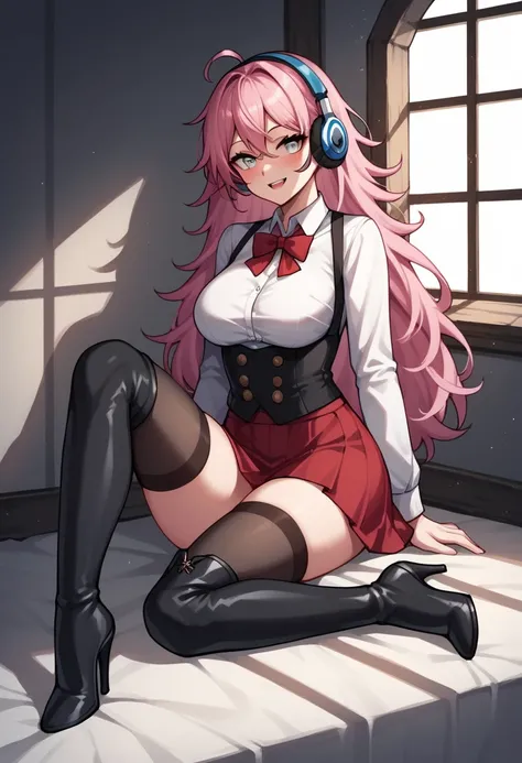 score_9, score_8_up, score_7_up, score_6_up, score_5_up, score_4_up, source_anime, 1woman, sit, pink hair, long hair, white eyes, messy hair, white shirt, red skirts, thigh high boots, heels,  stockings, dungeon, headphones, best quality, best res, 4K, UHD...