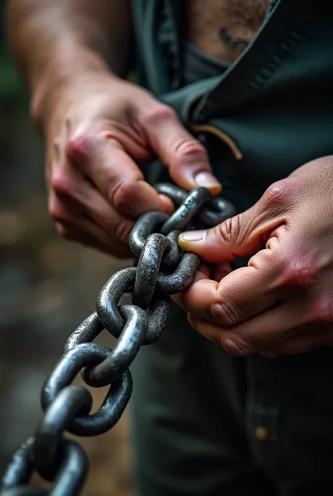 man&#39;s hand cleaning a steel chain