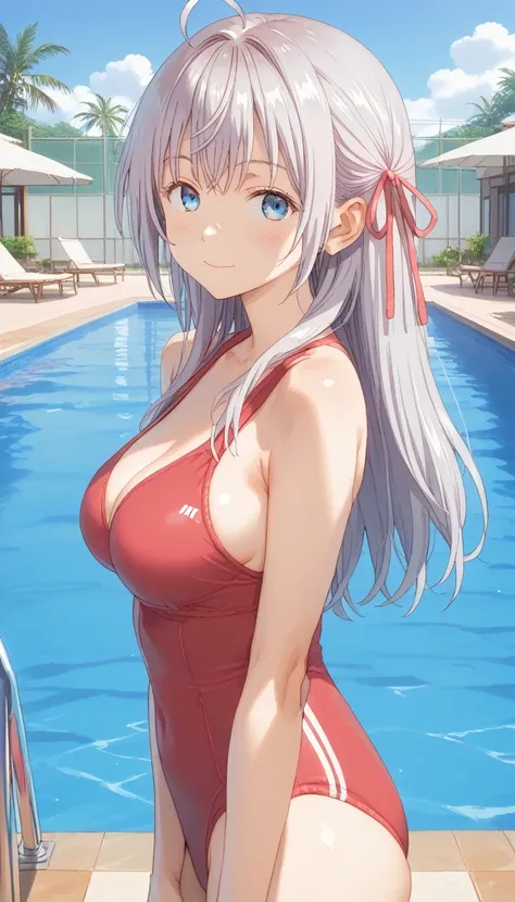 score_9, score_8_up, score_7_up, source_anime, masterpiece, absurdres, medium breasts, mature woman ,perfect face, 1girl, cute expression, smiling, looking at viewer, standing, arched back, pool, alisamikhailovna, alisamikhailovna kujou, long hair, bangs, ...