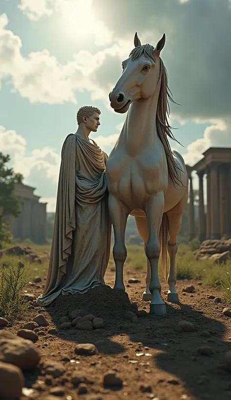 Close-up shot, Low angle shot, (A symbolic image showing a crumbling statue of a Roman senator, half-buried in the dirt, as Incitatus “a majestic white stallion”, stands triumphantly beside it, representing the decay of Roman politics under Caligula’s reig...