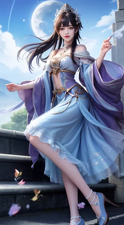 moonlight的风景，Unique ancient costume goddess。Her gorgeous outfit sparkles，The skirt flutters in the breeze，It looks elegant and dynamic。Her eyes were full of amusement，As if blending into this peaceful nature。

Fashion goddess wearing stylish high heels.，it...