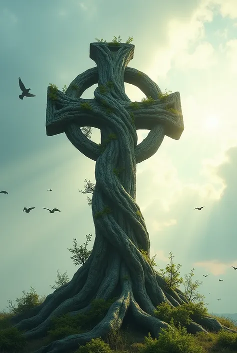 supper: An imposing Celtic cross, formed by intertwined and knotted tree roots. The roots should look old and weathered., with moss and small plants growing in its crevices. The cross stands out against a soft, ethereal background, with shades of blue and ...