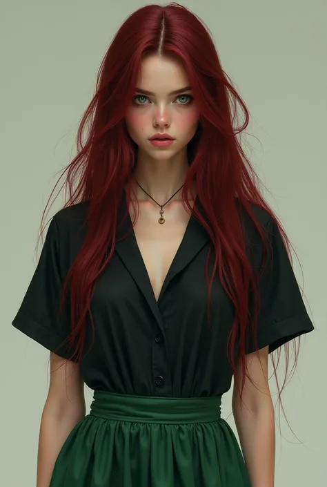 Girl with long wine red hair with electric gray eyes with flesh-colored skin with wide green pants and a wide shirt with short black sleeves 