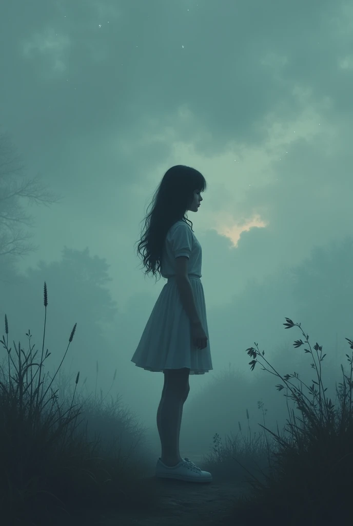 Create an image of a girl standing alone in a misty, twilight landscape. She should appear lost in thought, surrounded by soft, ethereal light. The sky is filled with fading stars and swirling fog, giving a sense of melancholy and longing. In the backgroun...