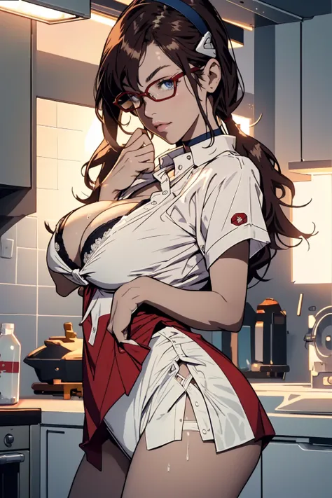 Perfect CG8K, UHD Quality Resolution Wallpapers, Realistic, The most beautiful and sexy,Evangelion,makinami, Red frame glasses,Sexy and seductive student uniform, White panties,((Big Breasts:1.4)),(Milk drooping down:1.4), Cinema Lighting, Vivid moonlight ...