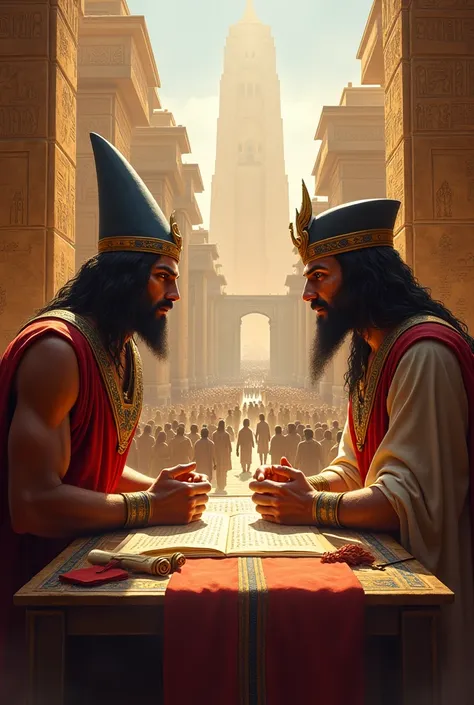 "Historical scene of Mesopotamian leaders—King Eannatum of Lagash and Lugal-Zage-Si of Umma—strategizing before the first war, set in ancient Sumerian surroundings."