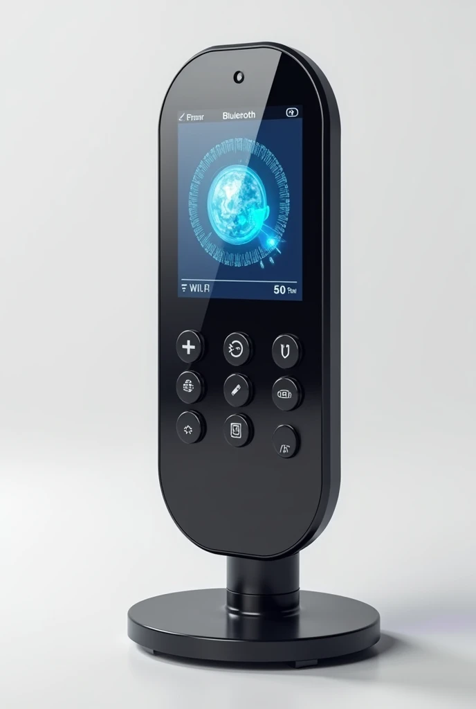 Design a touch remote control with a large screen in the center. The control should be oval shaped with rounded edges., Lightweight and sized to fit small and aging hands. Includes an infrared sensor in the base to measure body temperature when placed on a...