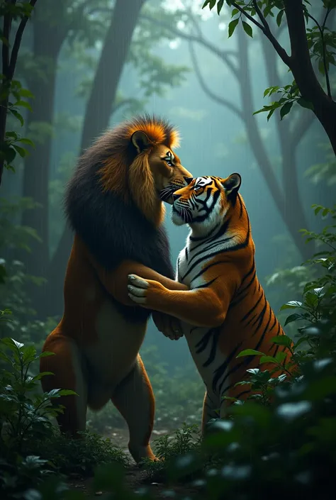 Lion and tiger are kissing in the forest heavy rain 