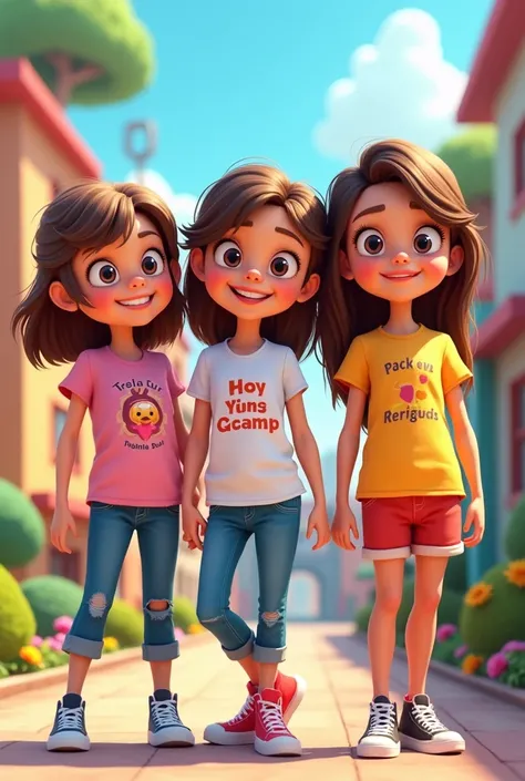 Cartoon of 3 girls wearing Tm shirts, wearing TT shirts, wearing w shirts 4k