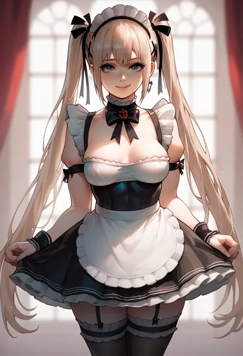 marie rose, maid uniform, headdress, black stockings, mansion, ThiccWithaQ art style, marie rose, cute, lewd, curvy, plump, big breasts, curvy hips