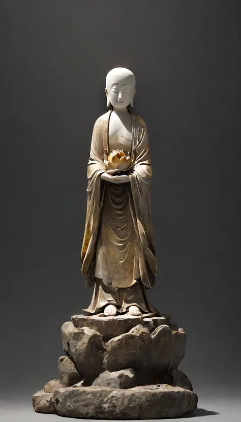 Buddhist statue、イケメンのBuddhist statue、male、細い筋肉質のBuddhist statue、Sitting cross-legged、Eyes closed、Wabi-sabi art、Lotus leaf pedestal:1.7、Clay art、Dirty surface、Rock pigments、bronze、wooden、色褪せたBuddhist statue、ハンサムなBuddhist statue、Simple Background、