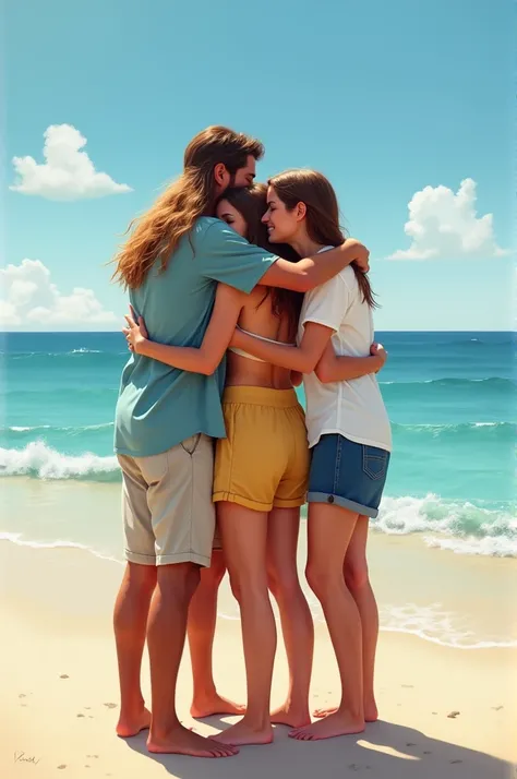 Make me a picture of two men and women hugging each other on the beach