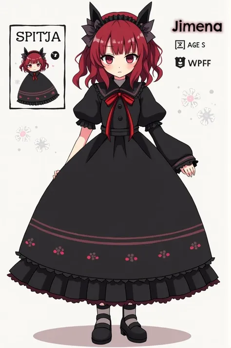 
Jimena 
SPECIES : Witch
AGE : Late Teenager
GENDER : Female
SKIN TONE : pale 
BODY SIZE/SHAPE : Fat (unhealthy weight)
HEIGHT : Short
HAIR (STYLE) : Longer than floor-length, Wavy
HAIR (COLOUR) : Red with Black Tips
STYLE : Gothic Lolita
MISC : Missing Li...