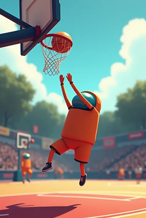 Create an image of an Among us basketball player trying to reach the hoop with the ball