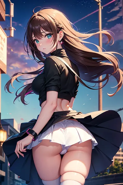 A beautiful girl in a miniskirt looking back at a sunset,, anime girl, embarrassed look, perfect anatomy, ((turtleneck, green miniskirt, white knee socks)), big rounds breasts, (bare chest), dark brown hair, (hair tousled by the wind, messy hair, Broken ha...