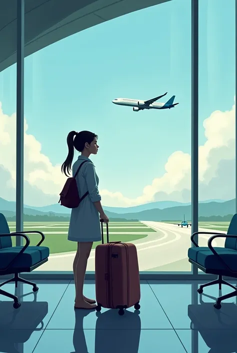 Create a cover image where a girl with log gage is waiting from backside and looking thinking and waiting at airport waiting room and one plane is flying in air showing runway. This image is for the book cover. Make it artistic 