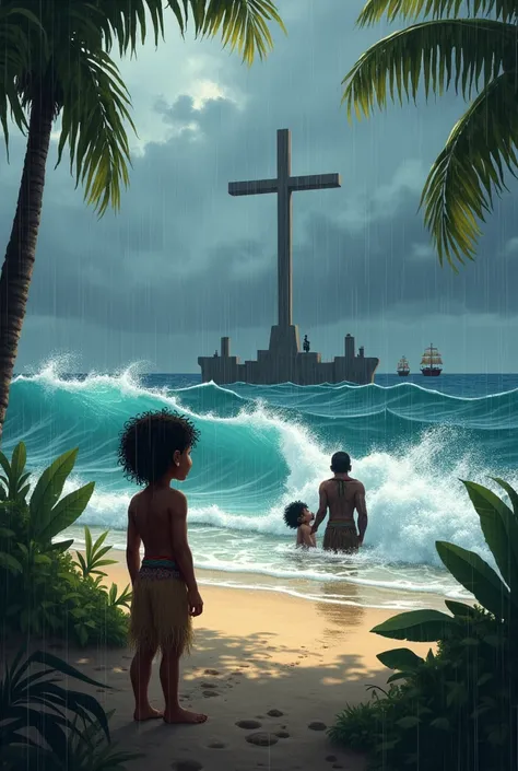 Recreate the painting scene, The girl and the Santa Maria arriving in America, do it as if an indigenous child with indigenous clothes, I was watching from the beach when the boats came in, There is a lot of jungle around and it is raining and there is a s...