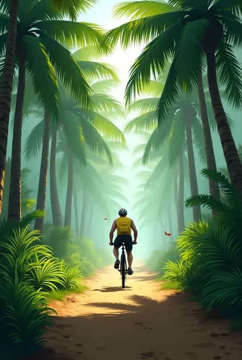 A bike running in a forest and a Palm trees from both sides of the road 