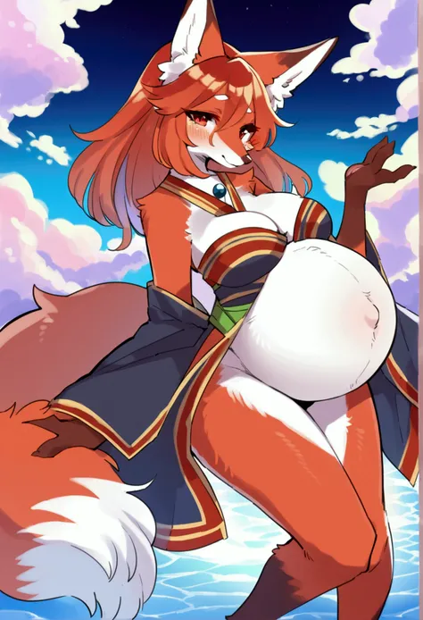 top quality, best quality, by lemoco, High-quality illustrations, masterpiece), (kemono, furry anthro), very beautiful and detailed body face and eyes, round, 1 female, fox, slim body, mature face, red furs, fluff, tail, hair, average breasts, perfect eyes...