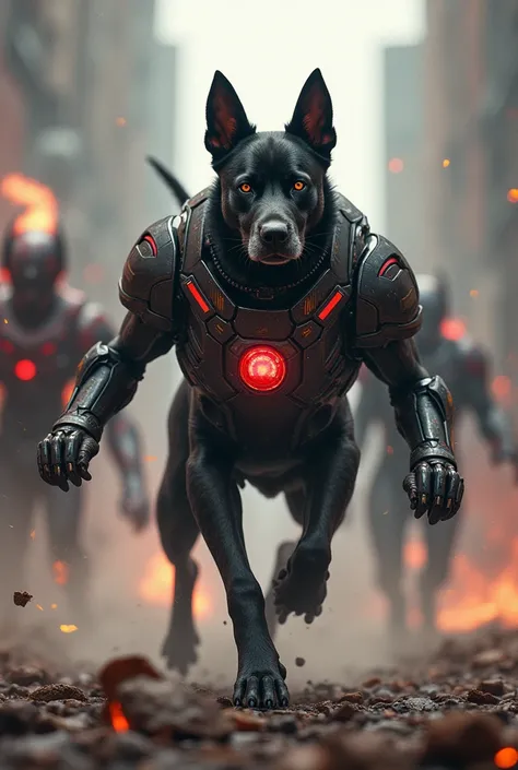 Create a black dog in iron man suit fight with villans many pictures 