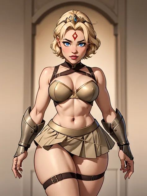 Blonde girl with short hair, blue eyes, wearing A piece of armor without Shoulders  armor in Bronze color , wearing a brown strappy skirt,  wearing a tiara on her forehead, thick thighs 