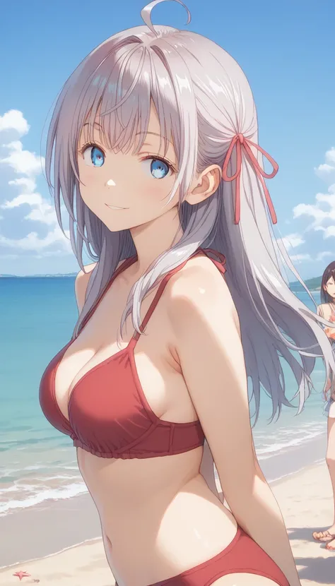 score_9, score_8_up, score_7_up, source_anime, masterpiece, absurdres, medium breasts, mature woman ,perfect face, 1girl, cute expression, smiling, looking at viewer, standing, arched back, beach, alisamikhailovna, alisamikhailovna kujou, long hair, bangs,...