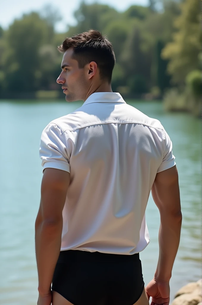 A white man, at 3, model type, with short dark hair, with blue eyes, wearing a full white shirt and black boxers, standing backwards, looking at the camera and showing her ass in a lake in Alentejo