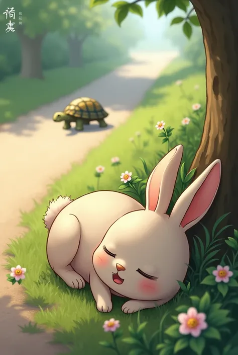 Draw a rabbit sleeping by the side of the road with an open mouth and drooping ears.. The turtle was still moving slowly and could be seen in the distance. A corner of a tree or a patch of grass where the rabbit had been resting., can add some flowers arou...