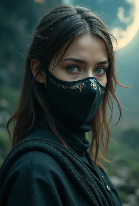 A woman named ARYA with mask on face bg like nature space 