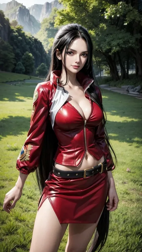 (Nico Robin One piece) masterpiece, best quality, extremely detailed, hyperrealistic:1.1, photorealistic, a beautiful 20s russian model, ultra detailed face:1.1, red jacket, black slit fabric, Long Straight hair, black hair, sunshine, grass field, sly smil...