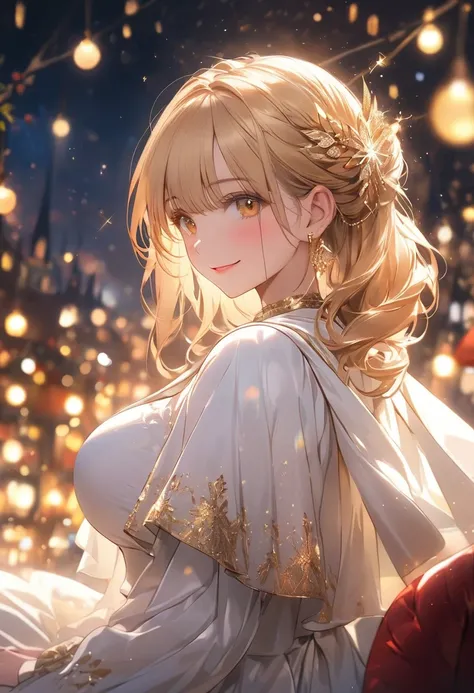 (masterpiece),(4K),high quality,(Large Breasts),One person,Long blonde hair,Pale skin,smile,Beautiful and exquisite golden eyes, (Highly detailed elegant),(White Capelet Fashion), Magical colors and atmosphere, Detailed skin,(Cute sparkle), Particles of li...