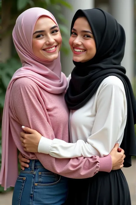 there are two women, one is wearing a pink hijab, wearing a long-sleeved pink patterned shirt and wearing a navy blue jeans skirt, the woman is hugging her friend who is wearing a black hijab, a white shirt and a long black skirt

the two women are hugging...