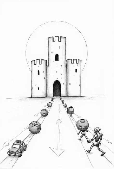  Draw a simple pencil drawing of a castle protected by three walls, each one represents the skin, symbolizing hypodermis the dermis the epidermis. At the entrance to the castle, represent small vehicles that symbolize the epidermis, and joined spheres that...