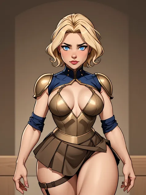 Blonde girl with short hair, blue eyes, wearing A bronze-colored armor covering the chest and with only one worker  , wearing a brown strappy skirt,  wearing a tiara on her forehead, thick thighs 